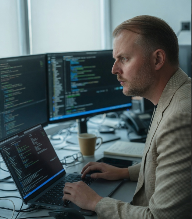 Ashley Stonham working at a desk with multiple code and terminal windows open